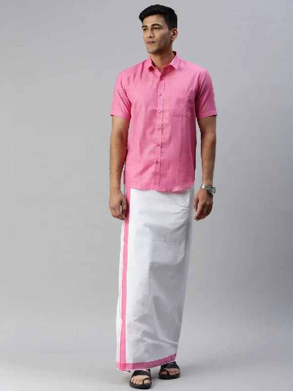 Mens Matching Border Adjustable Dhoti & Half Sleeves Shirt Set Pink CC10