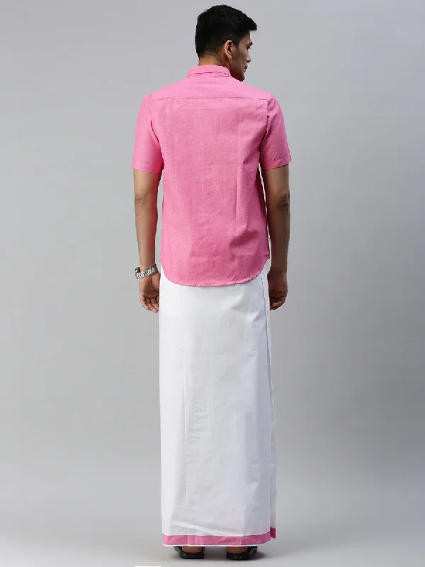 Mens Matching Border Adjustable Dhoti & Half Sleeves Shirt Set Pink CC10