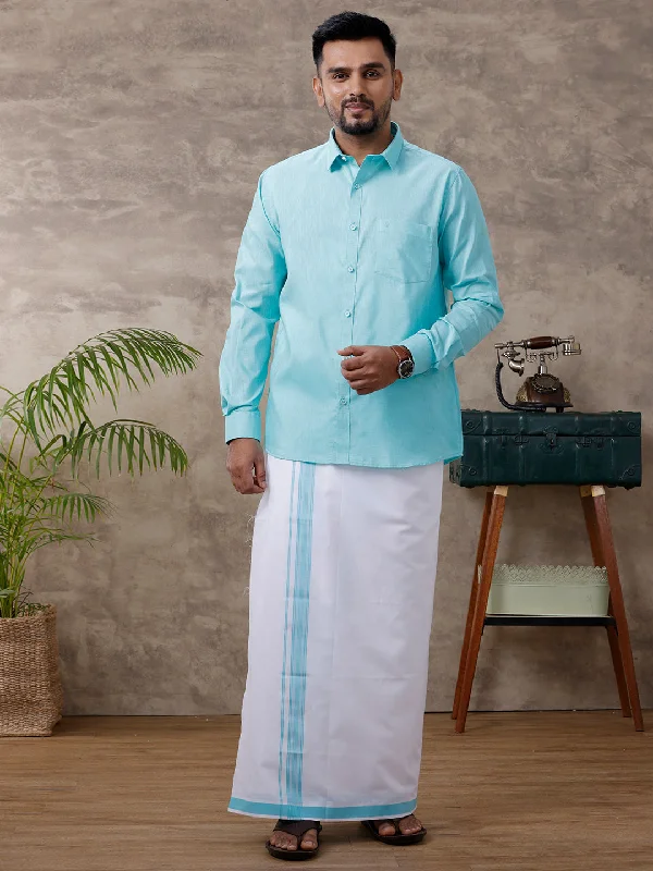 Mens Matching Border Dhoti & Shirt Set Full Blue C50