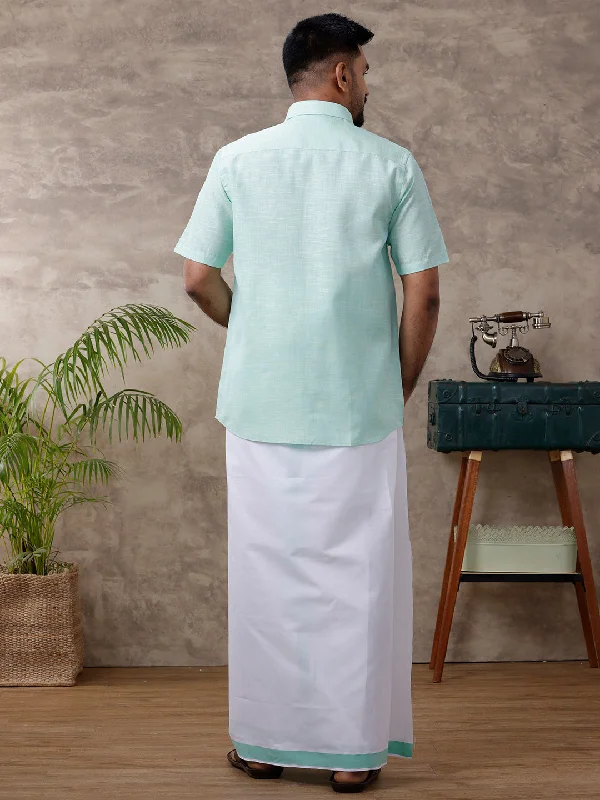 Mens Matching Border Dhoti & Shirt Set Half Light Pista Green C83