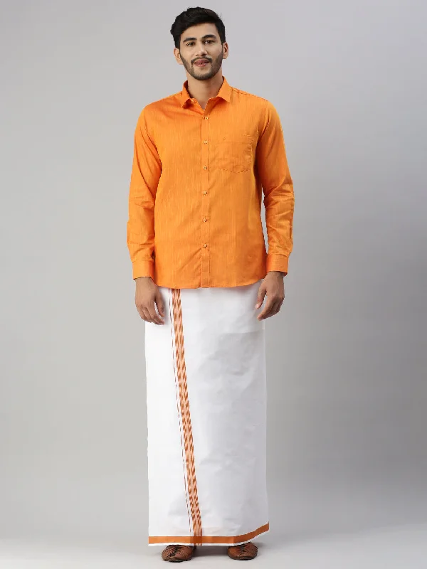 Mens Orange Matching Border Dhoti & Full Sleeves Shirt Set Evolution IC1