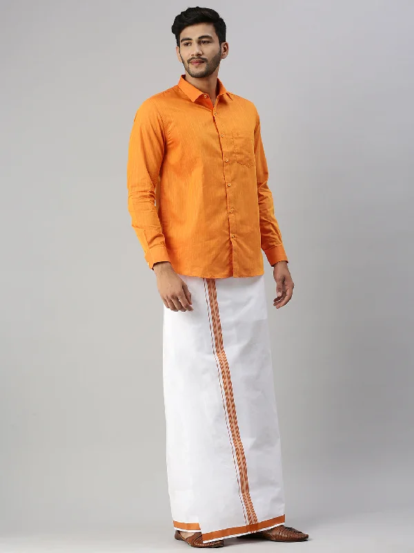 Mens Orange Matching Border Dhoti & Full Sleeves Shirt Set Evolution IC1