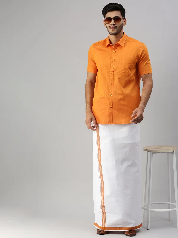 Mens Orange Matching Border Dhoti & Half Sleeves Shirt Set Evolution IC1