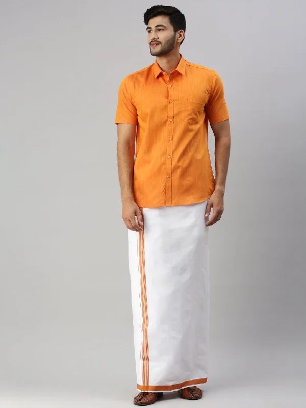 Mens Orange Matching Border Dhoti & Half Sleeves Shirt Set Evolution IC1