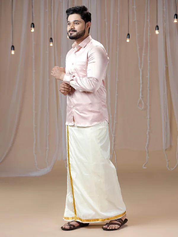 Mens Pink Full Sleeves Shirt with Art Silk Double Dhoti Combo PS9