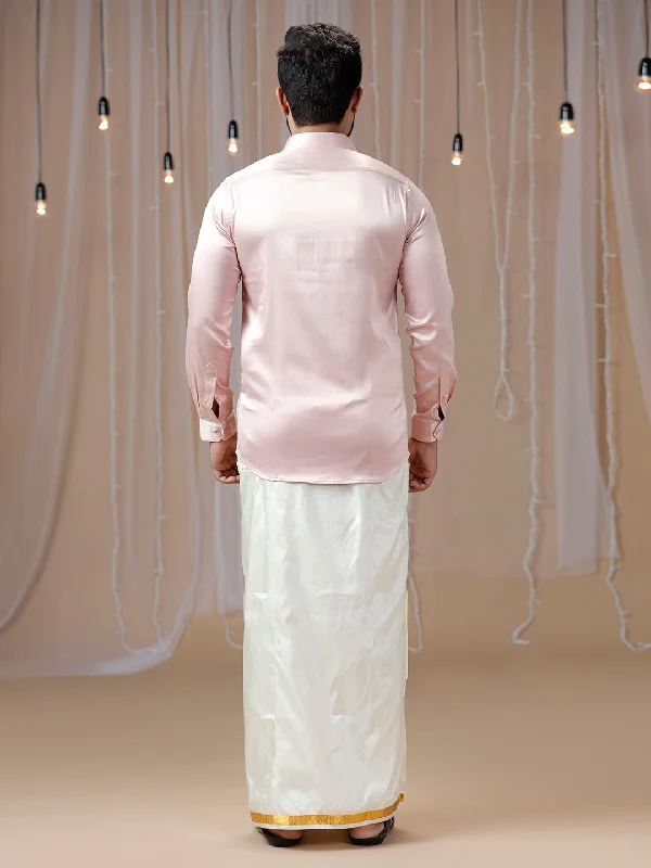 Mens Pink Full Sleeves Shirt with Art Silk Double Dhoti Combo PS9