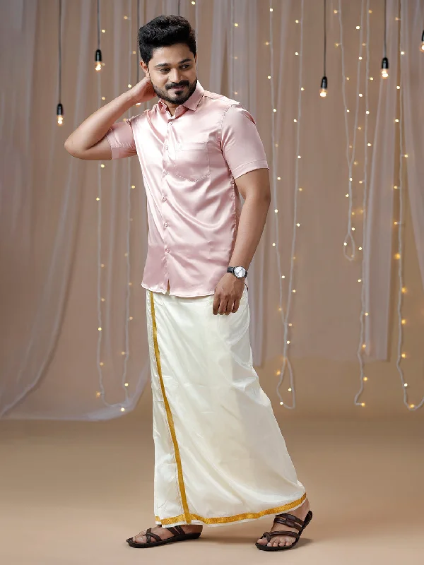 Mens Pink Half Sleeves Shirt with Art Silk Double Dhoti Combo PS9