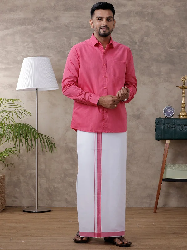 Mens Pink Matching Border Dhoti & Full Sleeves Shirt Set Evolution IC2