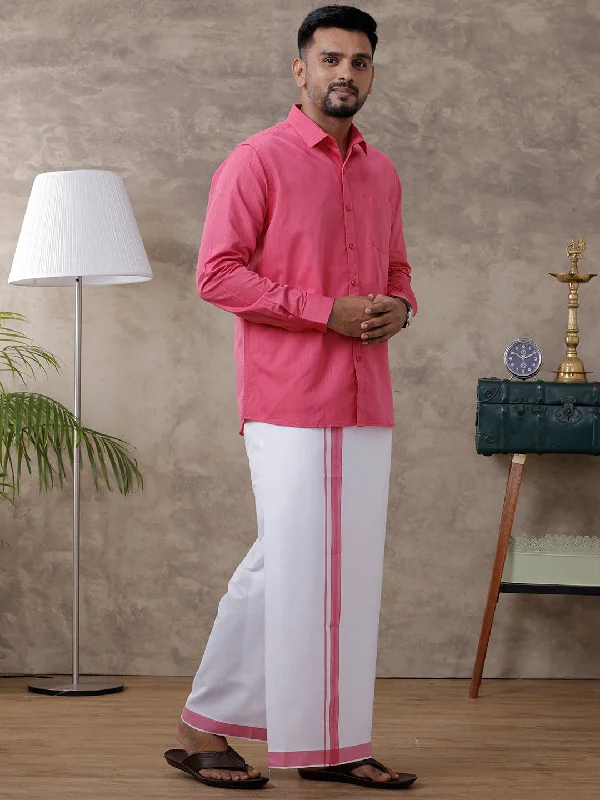 Mens Pink Matching Border Dhoti & Full Sleeves Shirt Set Evolution IC2