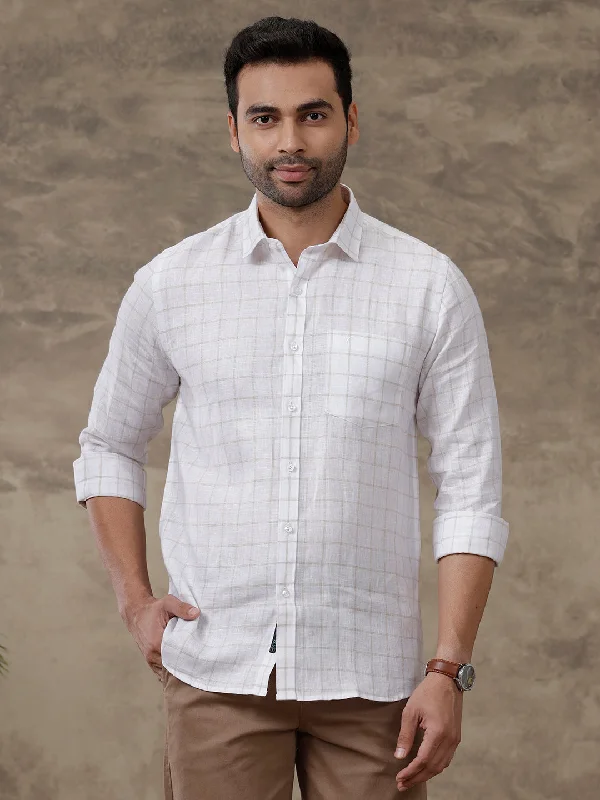 Mens Pure Linen Checked Shirt White