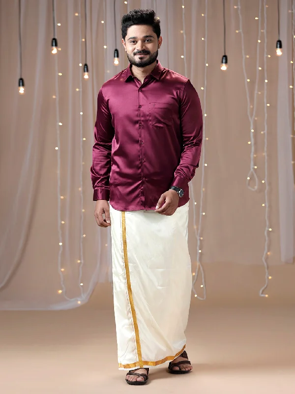 Mens Purple Full Sleeves Shirt with Art Silk Double Dhoti Combo PS7