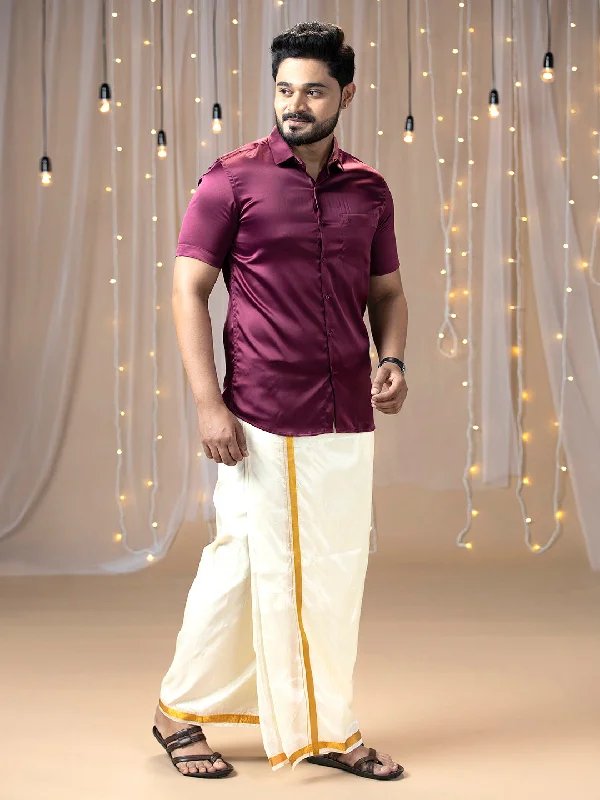 Mens Purple Half Sleeves Shirt with Art Silk Double Dhoti Combo PS7