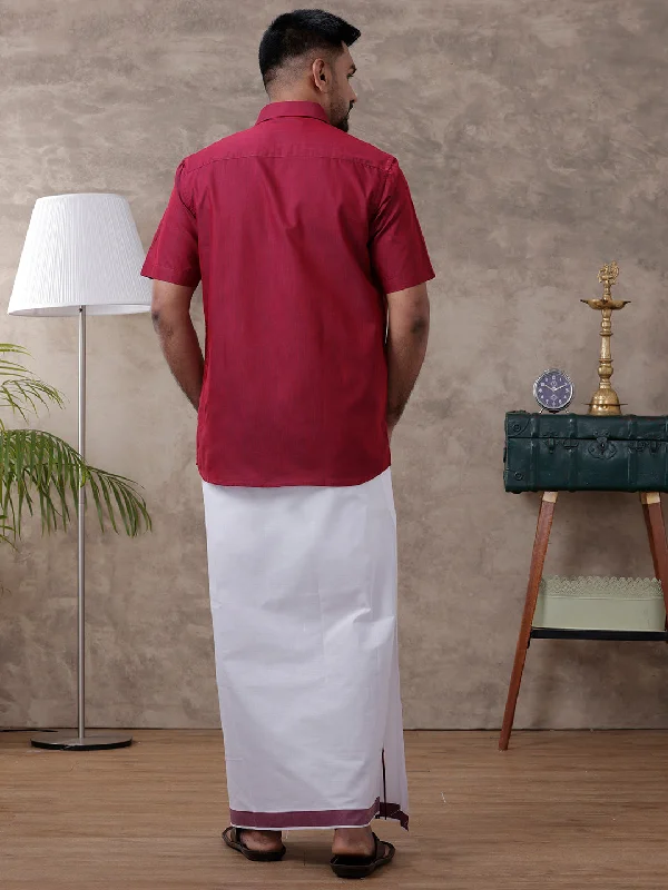 Mens Purple Matching Border Dhoti & Half Sleeves Shirt Set Evolution IC6