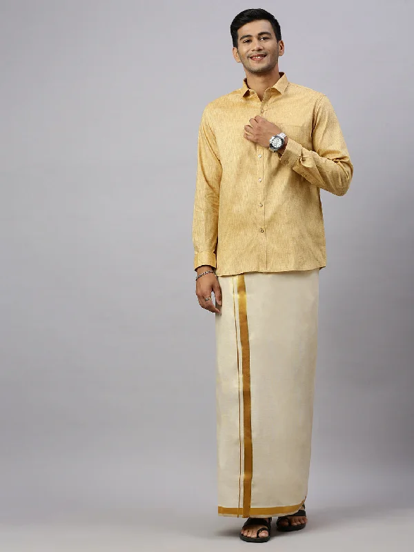 Mens Rich Cotton Gold Colour Full Sleeves Shirt with  Matching Jari Border Tissue Dhoti Set Glossy