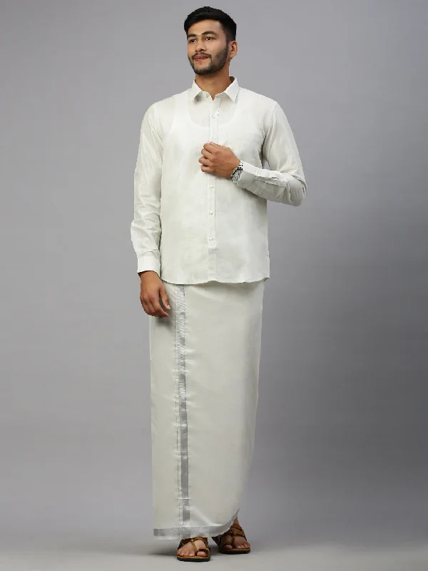 Mens Silver Tissue Full Sleeve Shirt with Matching Readymade Single Dhoti Combo