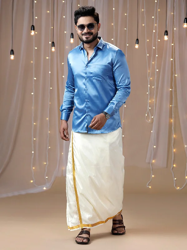 Mens Sky Blue Full Sleeves Shirt with Art Silk Double Dhoti Combo PS6