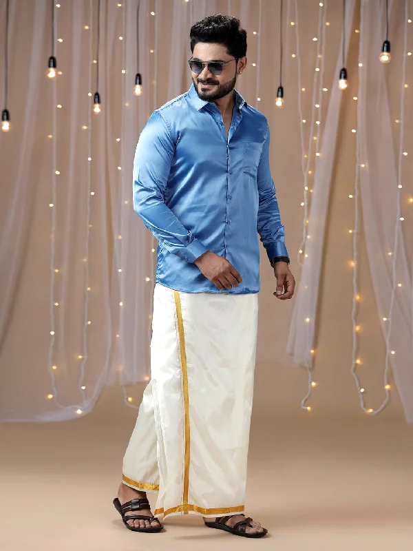 Mens Sky Blue Full Sleeves Shirt with Art Silk Double Dhoti Combo PS6