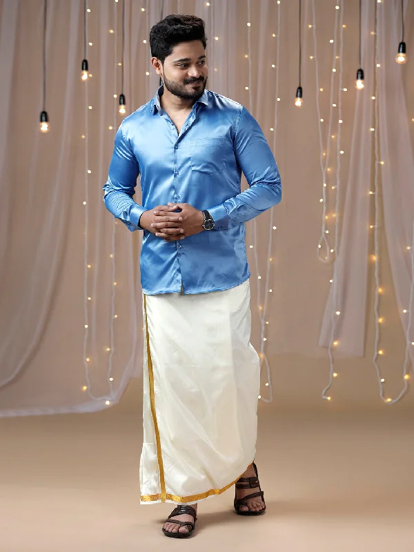 Mens Sky Blue Full Sleeves Shirt with Art Silk Double Dhoti Combo PS6