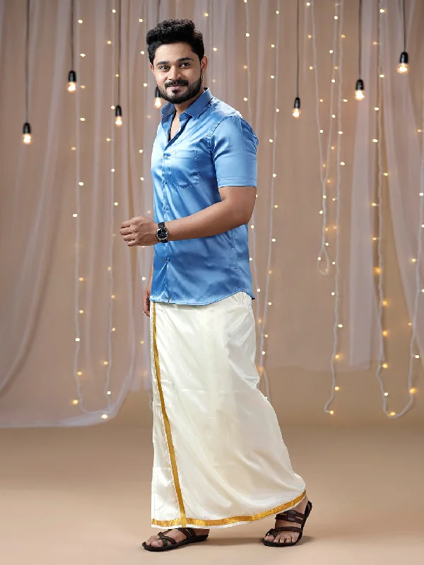 Mens Sky Blue Half Sleeves Shirt with Art Silk Double Dhoti Combo PS6