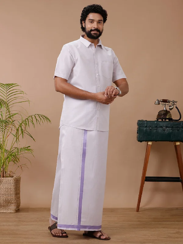 Mens Tissue Lavender Dhoti & Half Sleeves Shirt Set