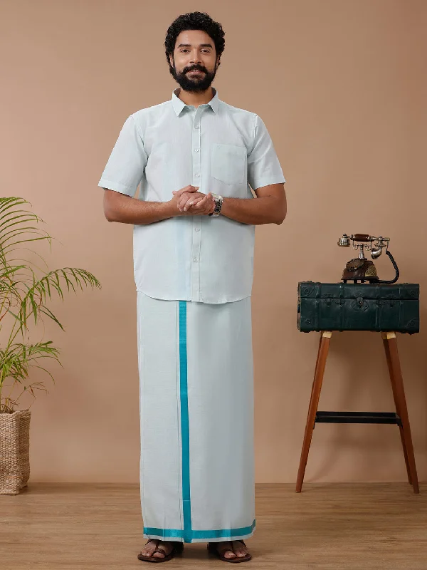 Mens Tissue Ramar Green Dhoti & Half Sleeves Shirt Set