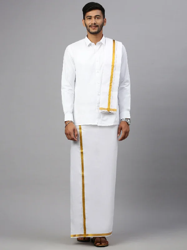 Premium White Full Sleeves Shirt with Double Dhoti & Towel Combo