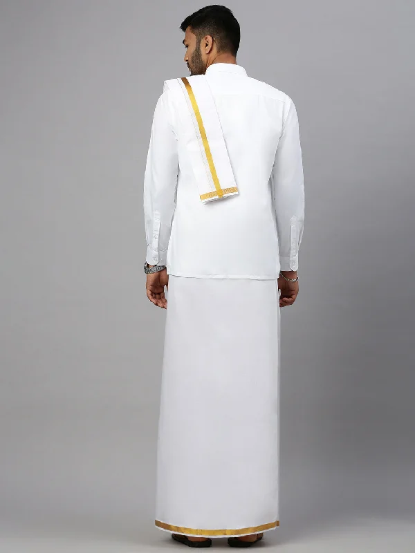 Premium White Full Sleeves Shirt with Double Dhoti & Towel Combo