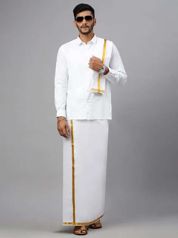 Premium White Full Sleeves Shirt with Double Dhoti & Towel Combo