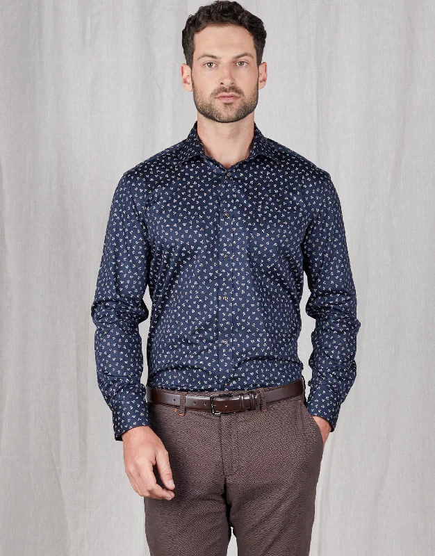 Sinatra Navy & Yellow Autumn Leaves Print Shirt