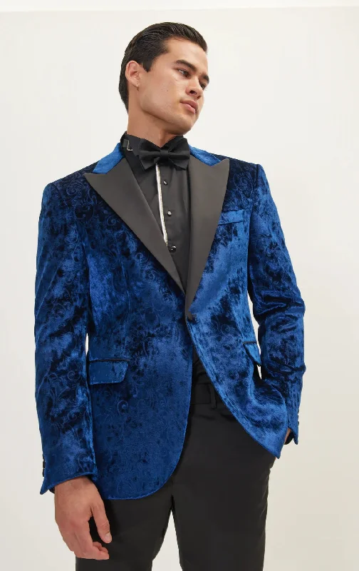 Paisley Velvet Peak Lapel Blazer - Navy