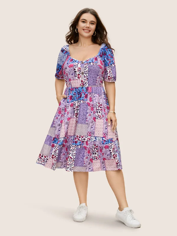 Patchwork Boho Print Raglan Sleeve Midi Dress