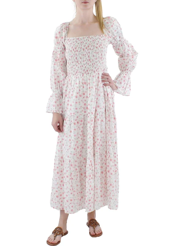 Womens Floral Print Puff Sleeve Maxi Dress