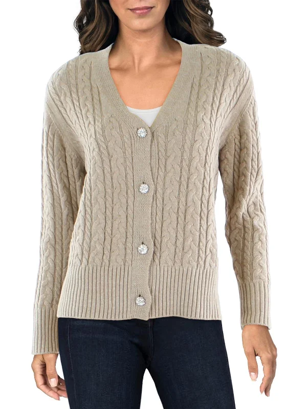 Womens Embellished Cable Knit Cardigan Sweater